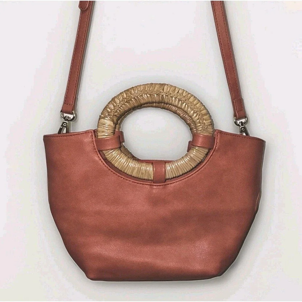 Anthropologie Coral W/Rattan Handles & Crossbody Strap Handbag + Removable Pouch